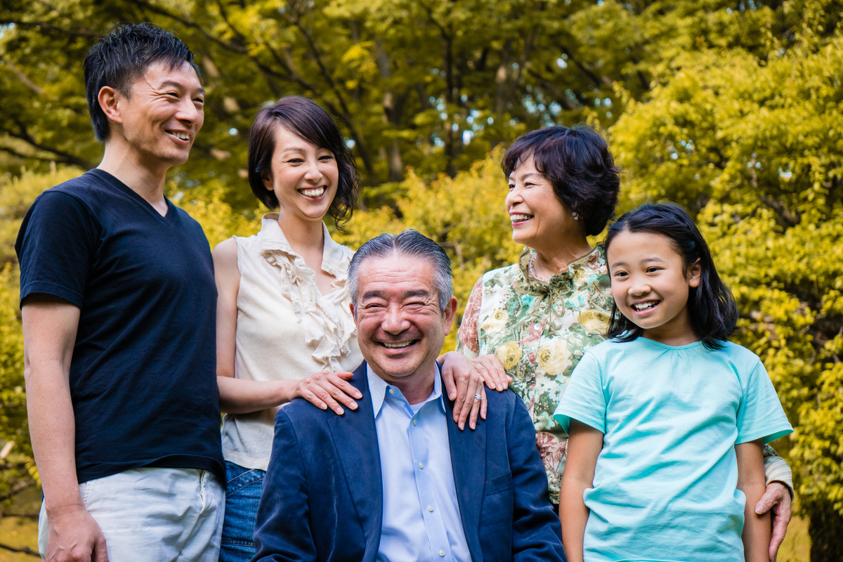 Japanese family posing for a photo in a park